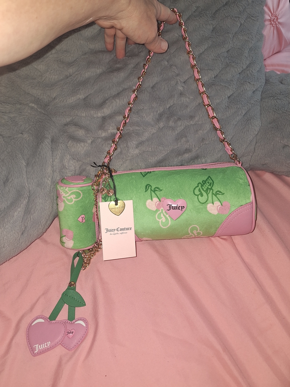 Juicy Couture Green and Pink Heart Print Shoulder Bag with Chain Strap